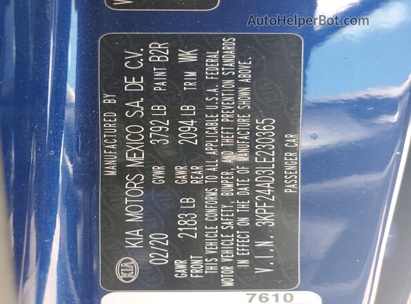 3KPF24AD3LE230365 2020 KIA FORTE Синий Вид подкапотного пространства