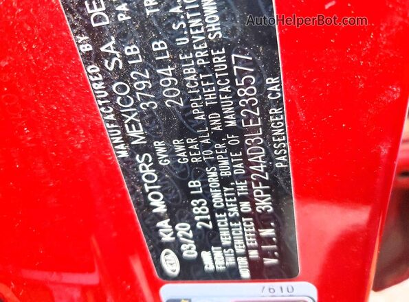 3KPF24AD3LE238577 2020 KIA FORTE Красный Вид наклейки с VIN-кодом