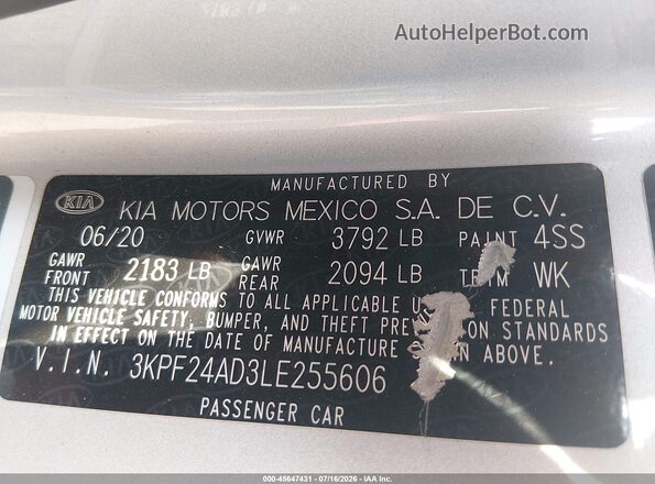 3KPF24AD3LE255606 2020 KIA FORTE Silver ძრავის განყოფილების ხედი
