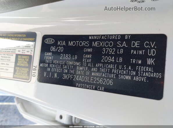 3KPF24AD3LE256206 2020 KIA FORTE White ძრავის განყოფილების ხედი
