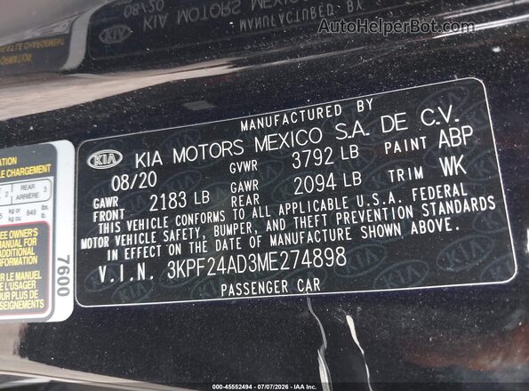 3KPF24AD3ME274898 2021 KIA FORTE Black Engine compartment view