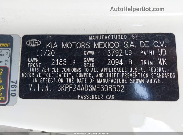3KPF24AD3ME308502 2021 KIA FORTE White ძრავის განყოფილების ხედი