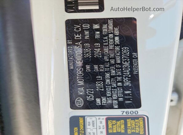 3KPF24AD3ME370269 2021 KIA FORTE Белый Вид подкапотного пространства