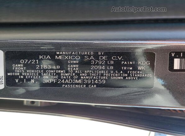 3KPF24AD3ME391459 2021 KIA FORTE Gray ძრავის განყოფილების ხედი