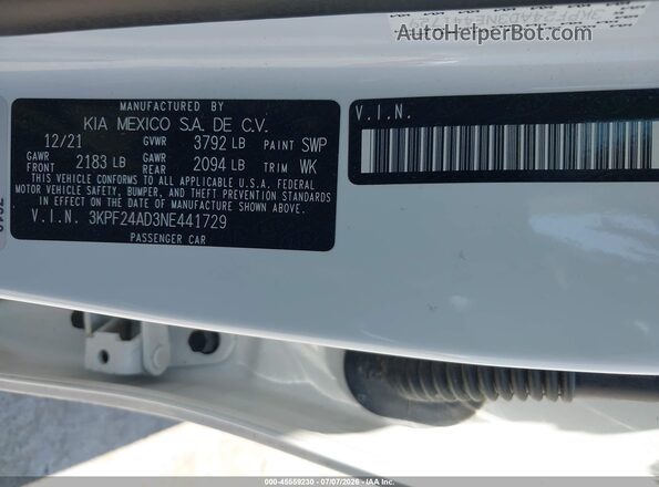 3KPF24AD3NE441729 2022 KIA FORTE White Вид підкапотного простору