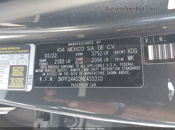 3KPF24AD3NE455310 2022 KIA FORTE Gray Vista del compartimento del motor