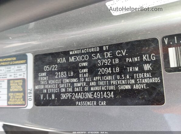 3KPF24AD3NE491434 2022 KIA FORTE Gray ძრავის განყოფილების ხედი
