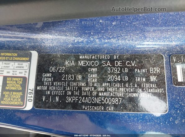 3KPF24AD3NE500987 2022 KIA FORTE Blue Engine compartment view