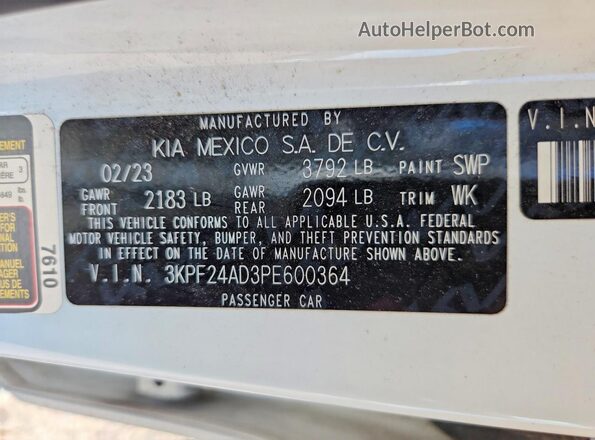 3KPF24AD3PE600364 2023 KIA FORTE White Engine compartment view