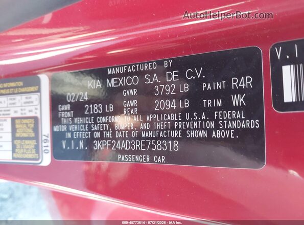 3KPF24AD3RE758318 2024 KIA FORTE Red Widok komory silnika