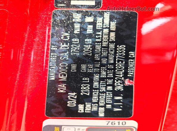 3KPF24AD3RE773336 2024 KIA FORTE Red Vista de la etiqueta del VIN
