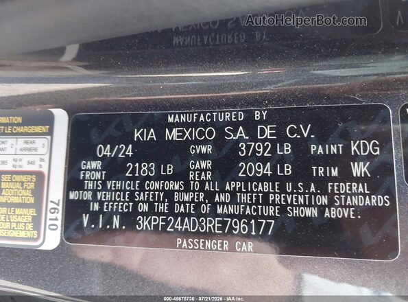 3KPF24AD3RE796177 2024 KIA FORTE Gray Շարժիչի բաժամունքի տեսք
