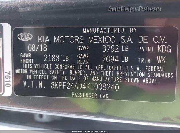 3KPF24AD4KE008240 2019 KIA FORTE Gray Widok komory silnika