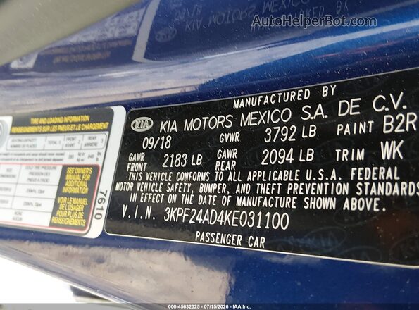 3KPF24AD4KE031100 2019 KIA FORTE Blue Vista del compartimento del motor
