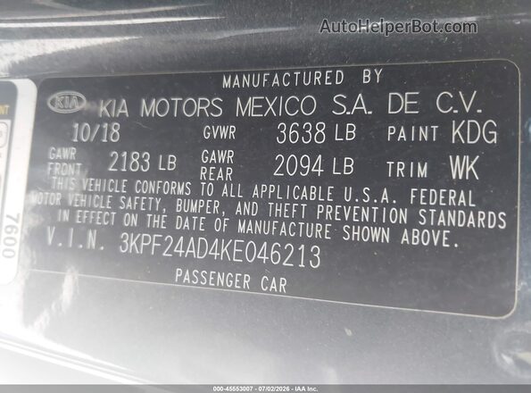 3KPF24AD4KE046213 2019 KIA FORTE Gray Engine compartment view