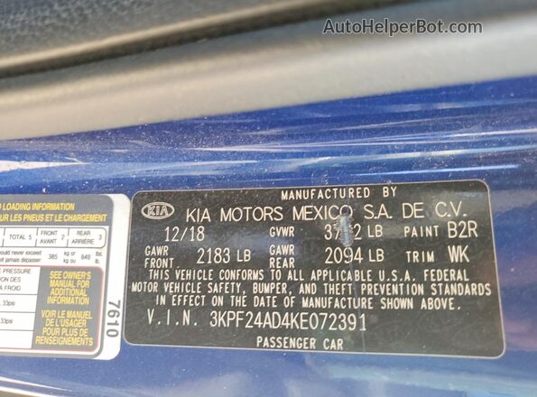 3KPF24AD4KE072391 2019 KIA FORTE Blue Widok komory silnika