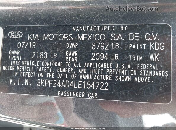 3KPF24AD4LE154722 2020 KIA FORTE Gray Vista del compartimento del motor