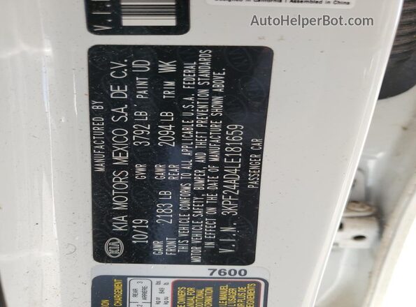 3KPF24AD4LE181659 2020 KIA FORTE White Вид підкапотного простору