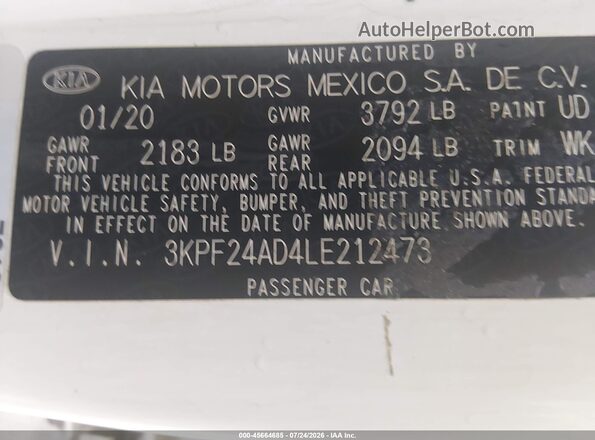3KPF24AD4LE212473 2020 KIA FORTE Белый Вид подкапотного пространства