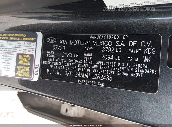 3KPF24AD4LE262435 2020 KIA FORTE Серый Вид подкапотного пространства