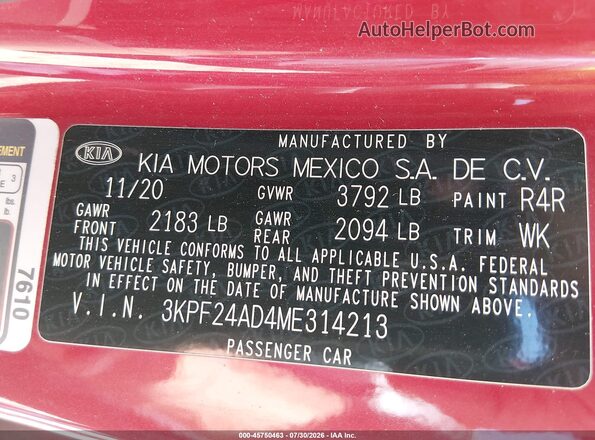 3KPF24AD4ME314213 2021 KIA FORTE Red Вид підкапотного простору
