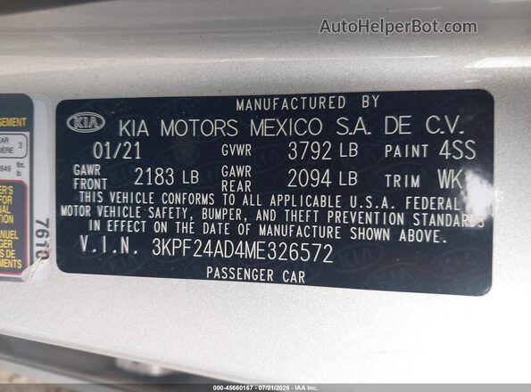 3KPF24AD4ME326572 2021 KIA FORTE Silver Շարժիչի բաժամունքի տեսք