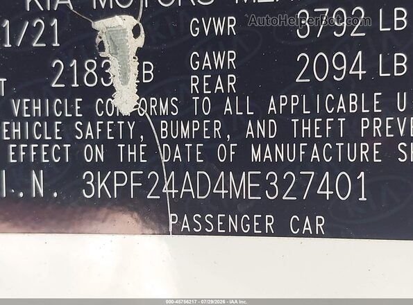 3KPF24AD4ME327401 2021 KIA FORTE White Widok komory silnika
