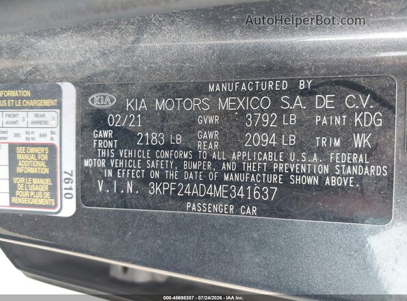 3KPF24AD4ME341637 2021 KIA FORTE Серый Вид подкапотного пространства