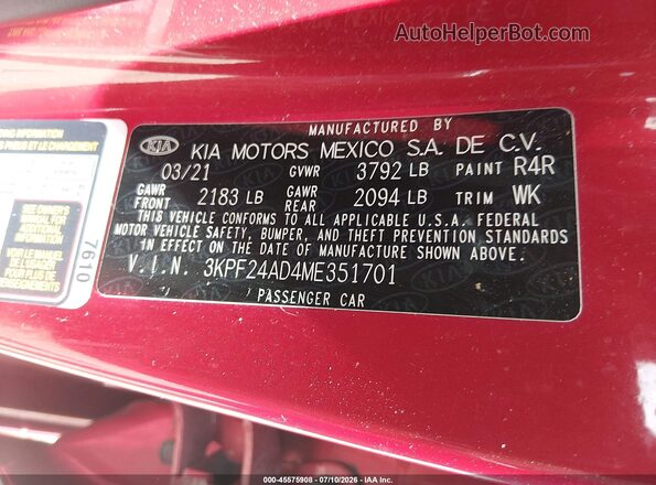 3KPF24AD4ME351701 2021 KIA FORTE Red Շարժիչի բաժամունքի տեսք