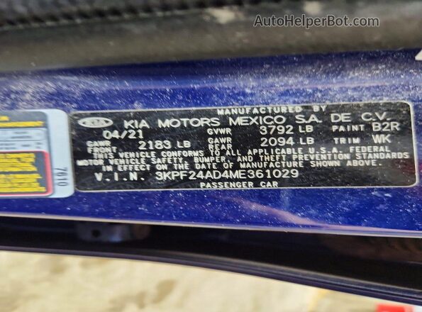 3KPF24AD4ME361029 2021 KIA FORTE Blue Շարժիչի բաժամունքի տեսք