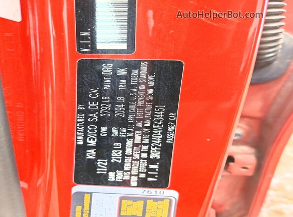 3KPF24AD4NE434451 2022 KIA FORTE Orange ძრავის განყოფილების ხედი