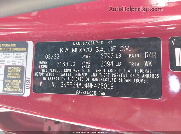 3KPF24AD4NE476019 2022 KIA FORTE Red Вид підкапотного простору