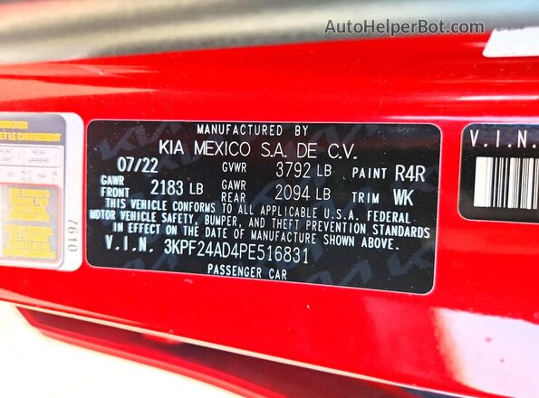 3KPF24AD4PE516831 2023 KIA FORTE Red VIN կոդի պիտակի տեսք