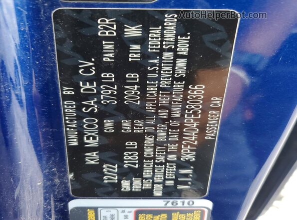 3KPF24AD4PE580366 2023 KIA FORTE Blue VIN კოდის სტიკერის ხედი