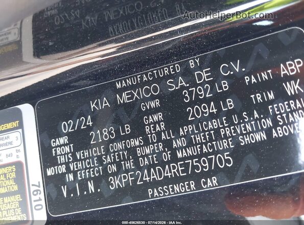 3KPF24AD4RE759705 2024 KIA FORTE Black Vista del compartimento del motor