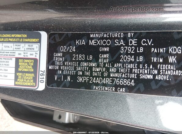 3KPF24AD4RE766864 2024 KIA FORTE Gray Շարժիչի բաժամունքի տեսք