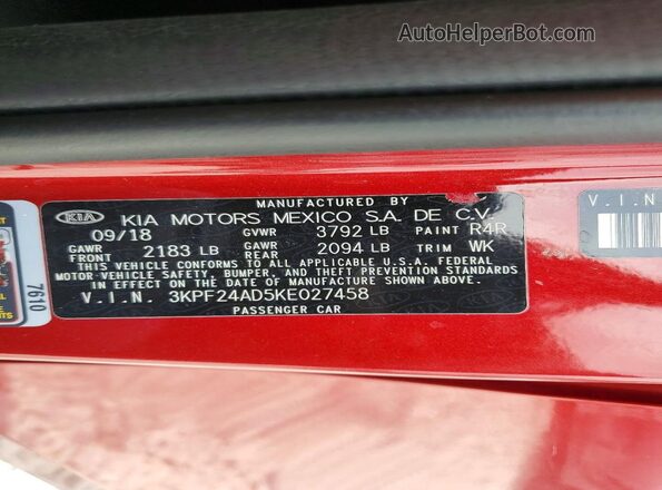 3KPF24AD5KE027458 2019 KIA FORTE Red Widok komory silnika