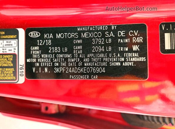 3KPF24AD5KE076904 2019 KIA FORTE Red Вид наклейки з VIN-кодом