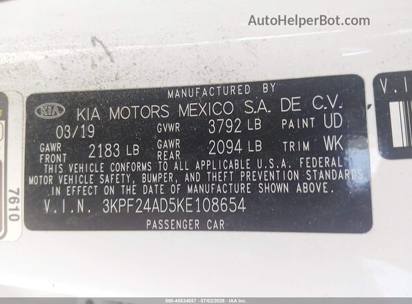 3KPF24AD5KE108654 2019 KIA FORTE Белый Вид подкапотного пространства