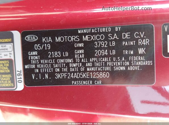 3KPF24AD5KE125860 2019 KIA FORTE Red Engine compartment view