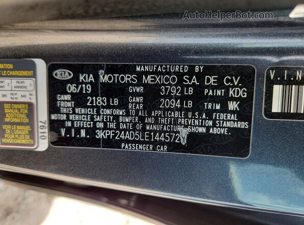3KPF24AD5LE144572 2020 KIA FORTE Gray Շարժիչի բաժամունքի տեսք