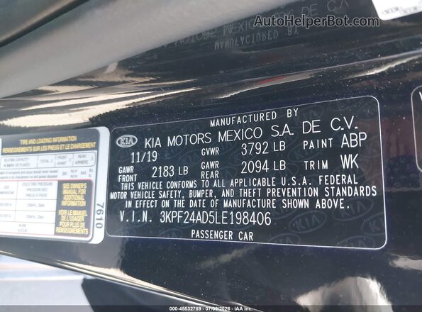 3KPF24AD5LE198406 2020 KIA FORTE Black Vista del compartimento del motor