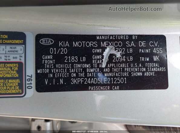 3KPF24AD5LE212501 2020 KIA FORTE Silver Вид підкапотного простору