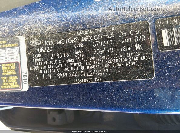 3KPF24AD5LE248477 2020 KIA FORTE Blue Engine compartment view