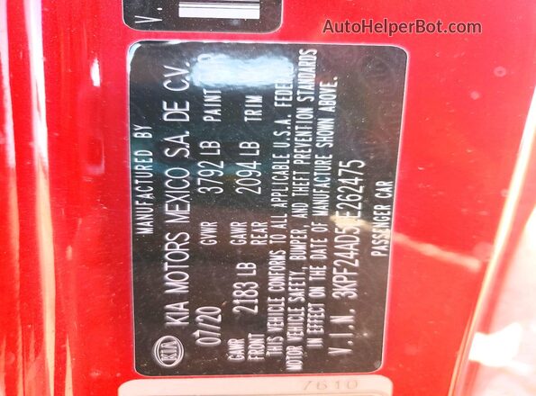 3KPF24AD5LE262475 2020 KIA FORTE Red Vista del compartimento del motor
