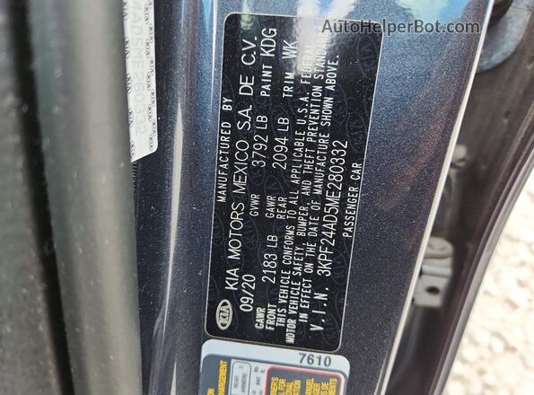 3KPF24AD5ME280332 2021 KIA FORTE Charcoal VIN კოდის სტიკერის ხედი