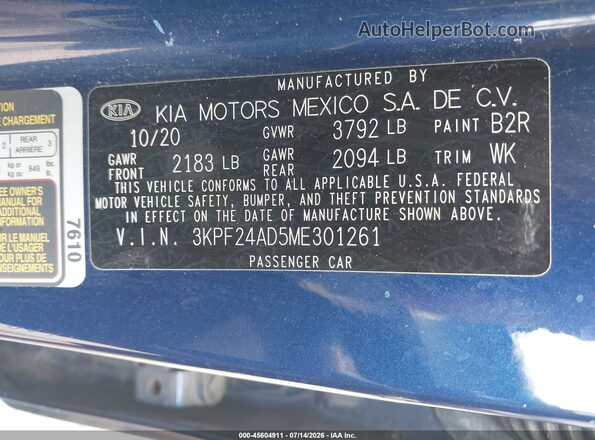 3KPF24AD5ME301261 2021 KIA FORTE Blue Widok komory silnika