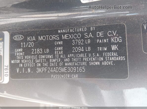 3KPF24AD5ME309165 2021 KIA FORTE Gray Engine compartment view
