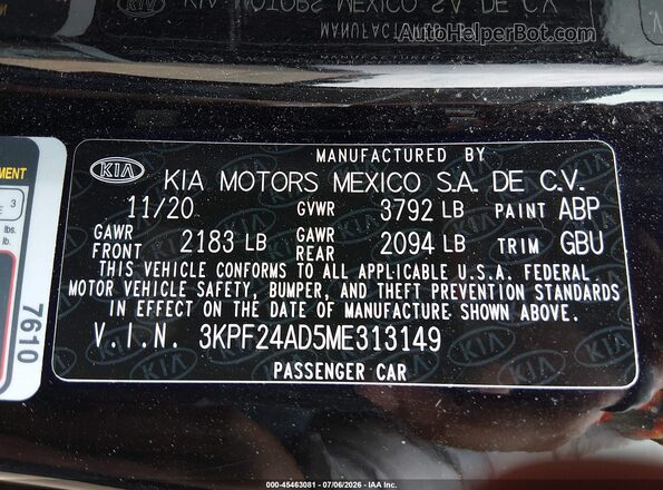 3KPF24AD5ME313149 2021 KIA FORTE Black ძრავის განყოფილების ხედი
