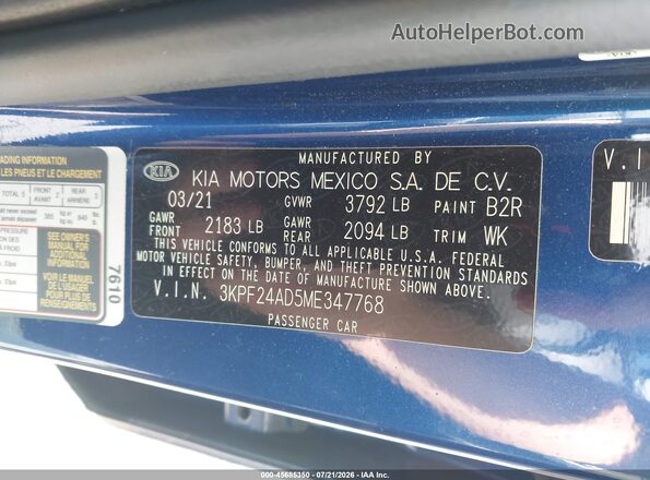 3KPF24AD5ME347768 2021 KIA FORTE Dark Blue Շարժիչի բաժամունքի տեսք
